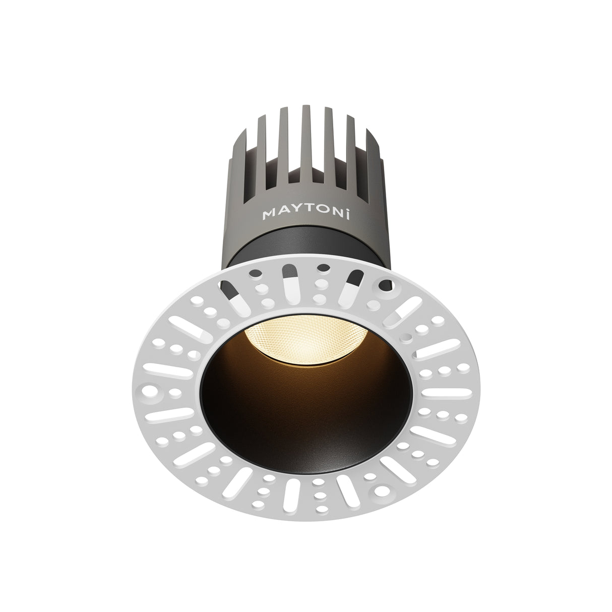 Maytoni Dip 15W LED recessed downlight with black aluminium trim, integrated warm white module and white plaster mounting ring on a plain background.