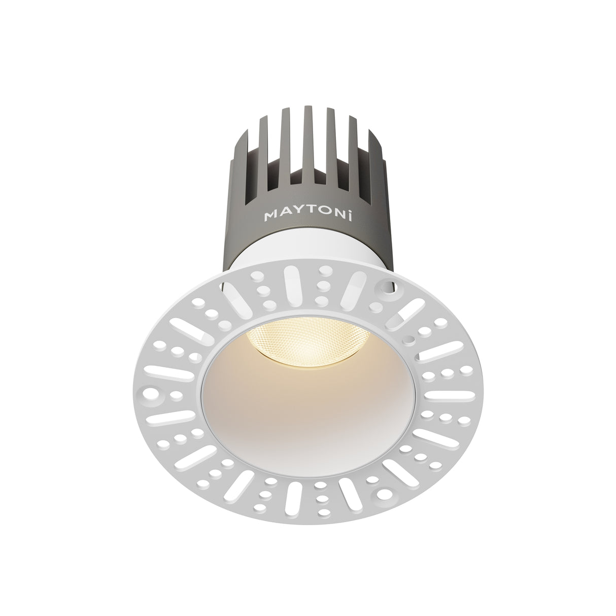 Maytoni Dip 15W LED recessed downlight with white aluminium trim, perforated bezel, central reflector and grey heat sink on a white background.