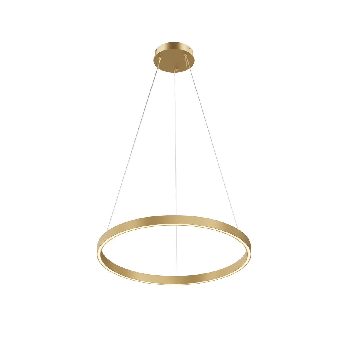 Maytoni Rim 600mm LED ring pendant light in brass, with a circular aluminium frame suspended by cables from a round ceiling rose, on a white background.