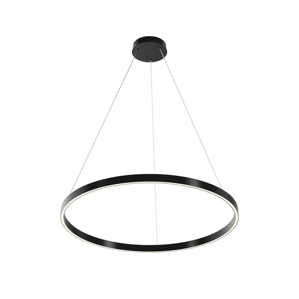Maytoni Rim 1200mm LED ring pendant light in matt black aluminium, suspended on three steel cables from a circular ceiling rose, on a white background.