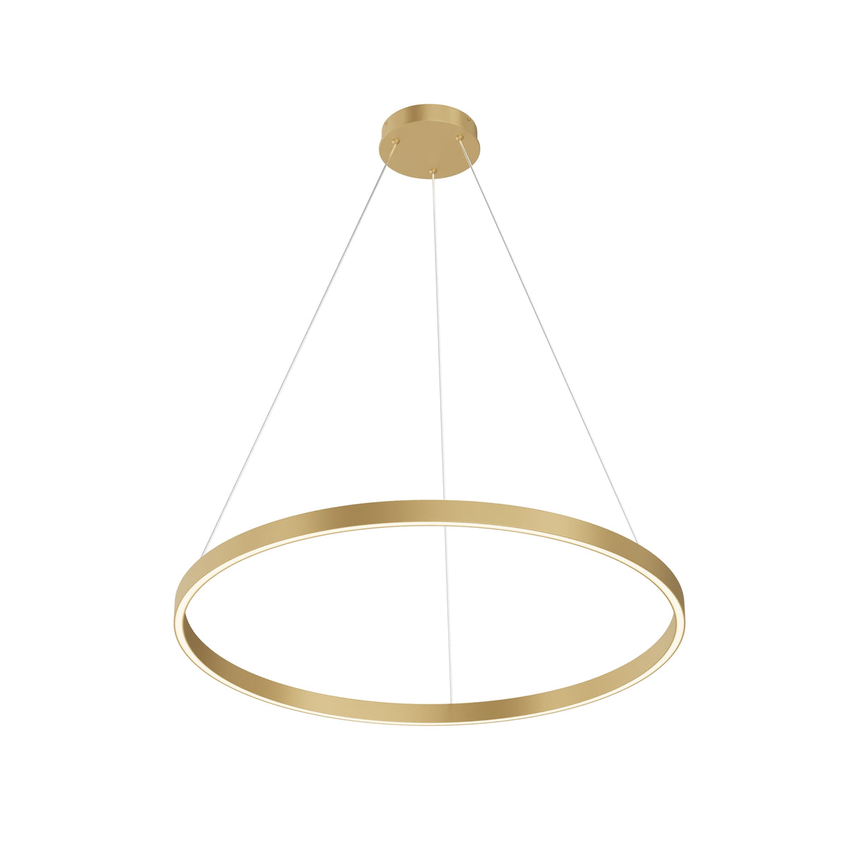 Maytoni Rim Ring 1200mm LED pendant light with a large circular brass-finish frame suspended by three wires from a round canopy, on a white background.