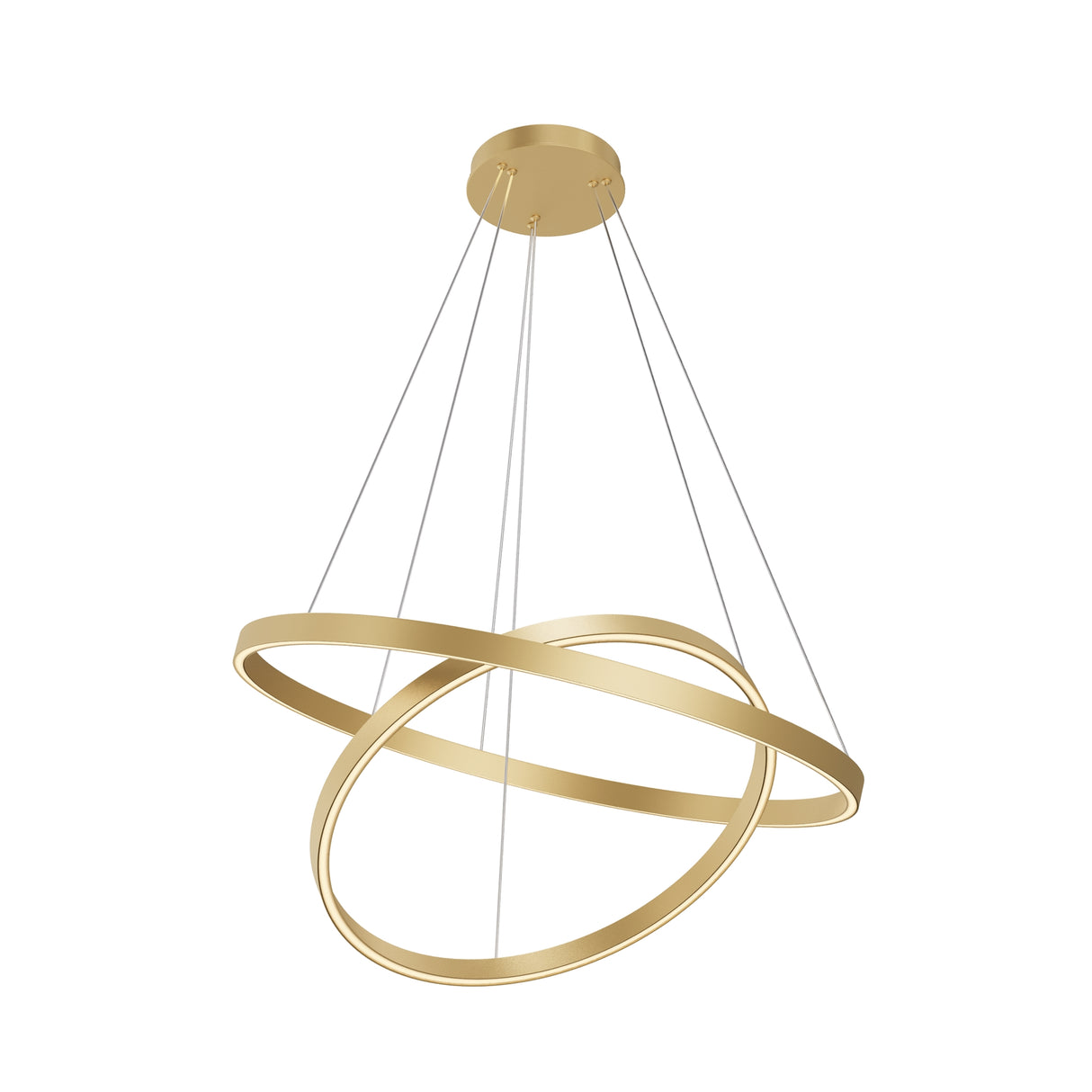 Maytoni Rim Ring LED pendant light with two interlocking aluminium rings in a brass finish, suspended by steel cables from a round canopy on a white background.