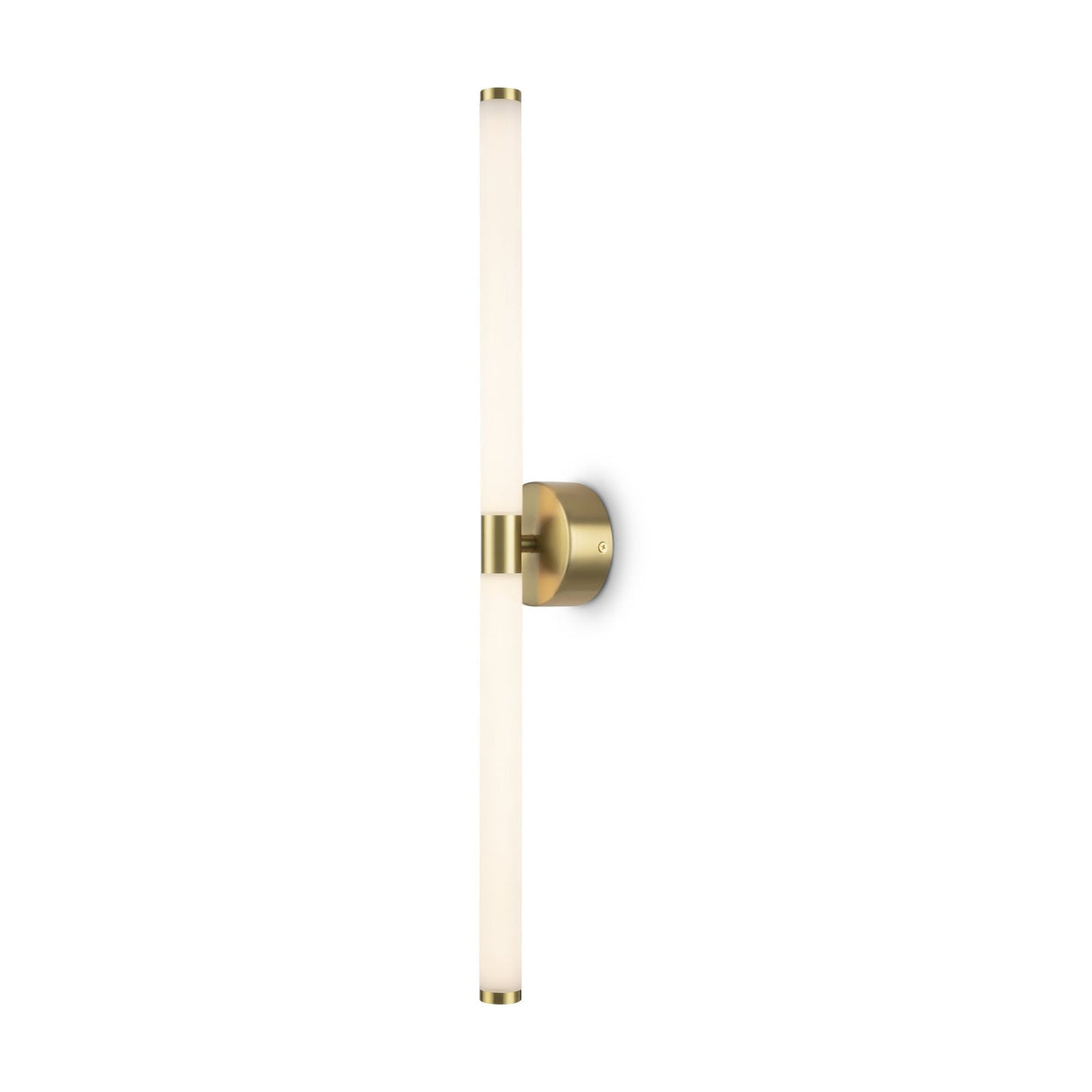 The Axis LED Wall Light 16W 3000K - Gold has a minimalist design with a long, cylindrical white fixture mounted on a gold-finished brass circular base, enhanced by brass accents at both ends.