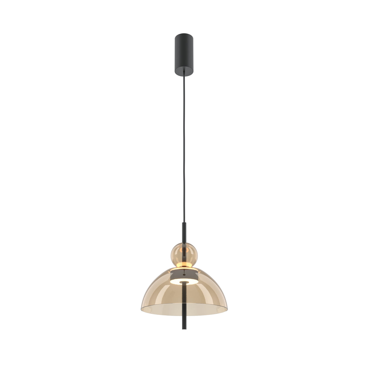 Maytoni Bangkok LED pendant light with black metal rod, small amber sphere and amber-tinted dome glass shade, on a white background.
