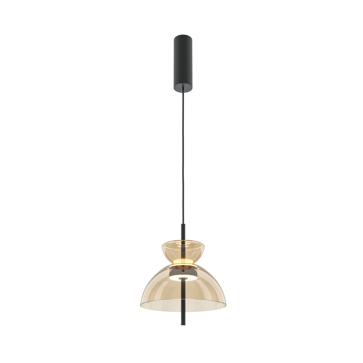 Maytoni Bangkok LED pendant light with stacked amber glass shades, a shallow bowl above a deeper dome, on a matt black stem and cylindrical canopy.