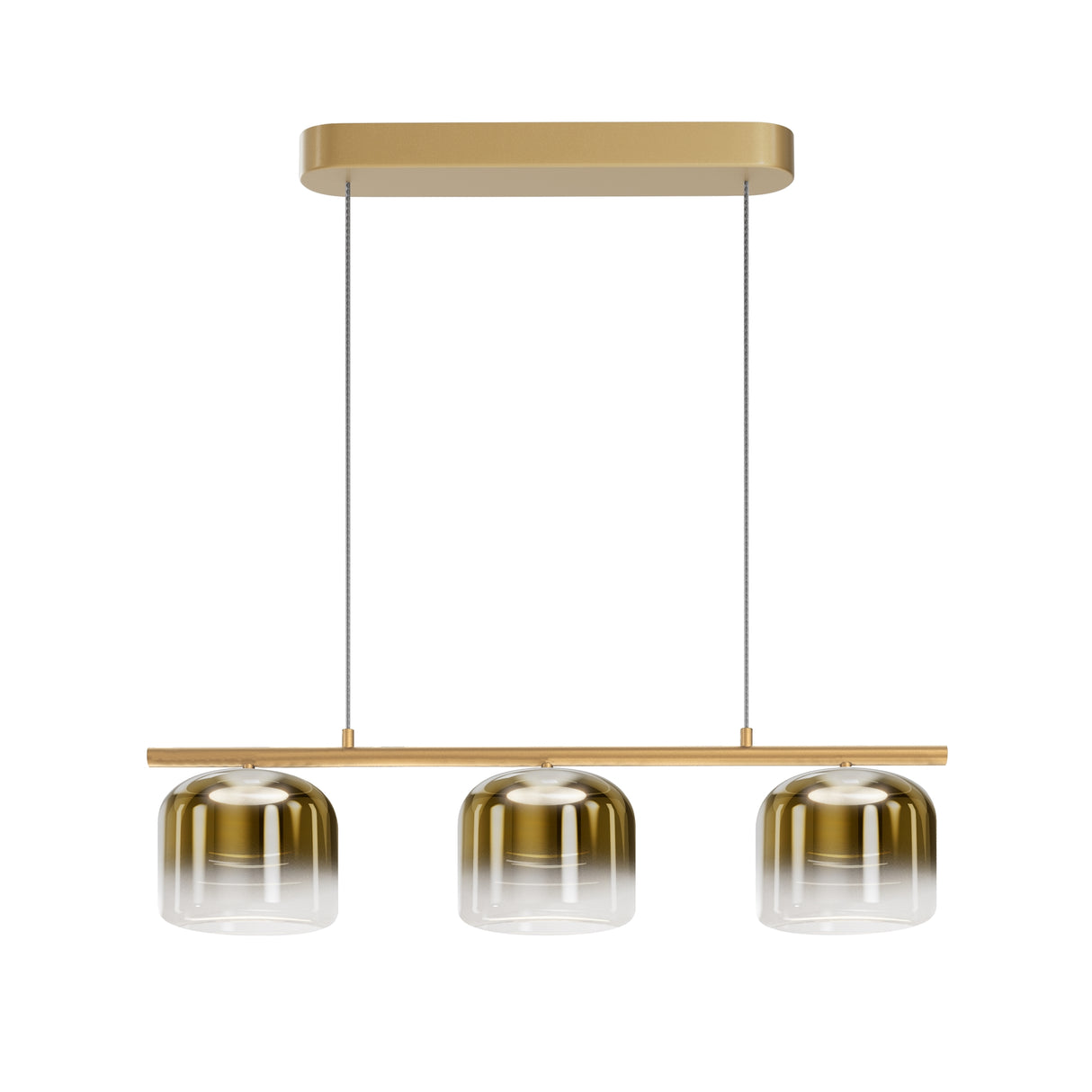 Maytoni Spirito 3-light LED bar pendant with gold gradient glass shades on a brushed gold linear bar and rectangular canopy, on a white background.