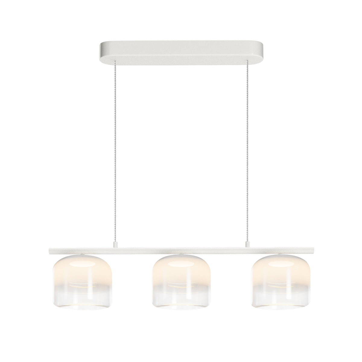 Maytoni Spirito LED pendant bar in white with a linear canopy and three frosted glass dome shades, shown on a plain background.