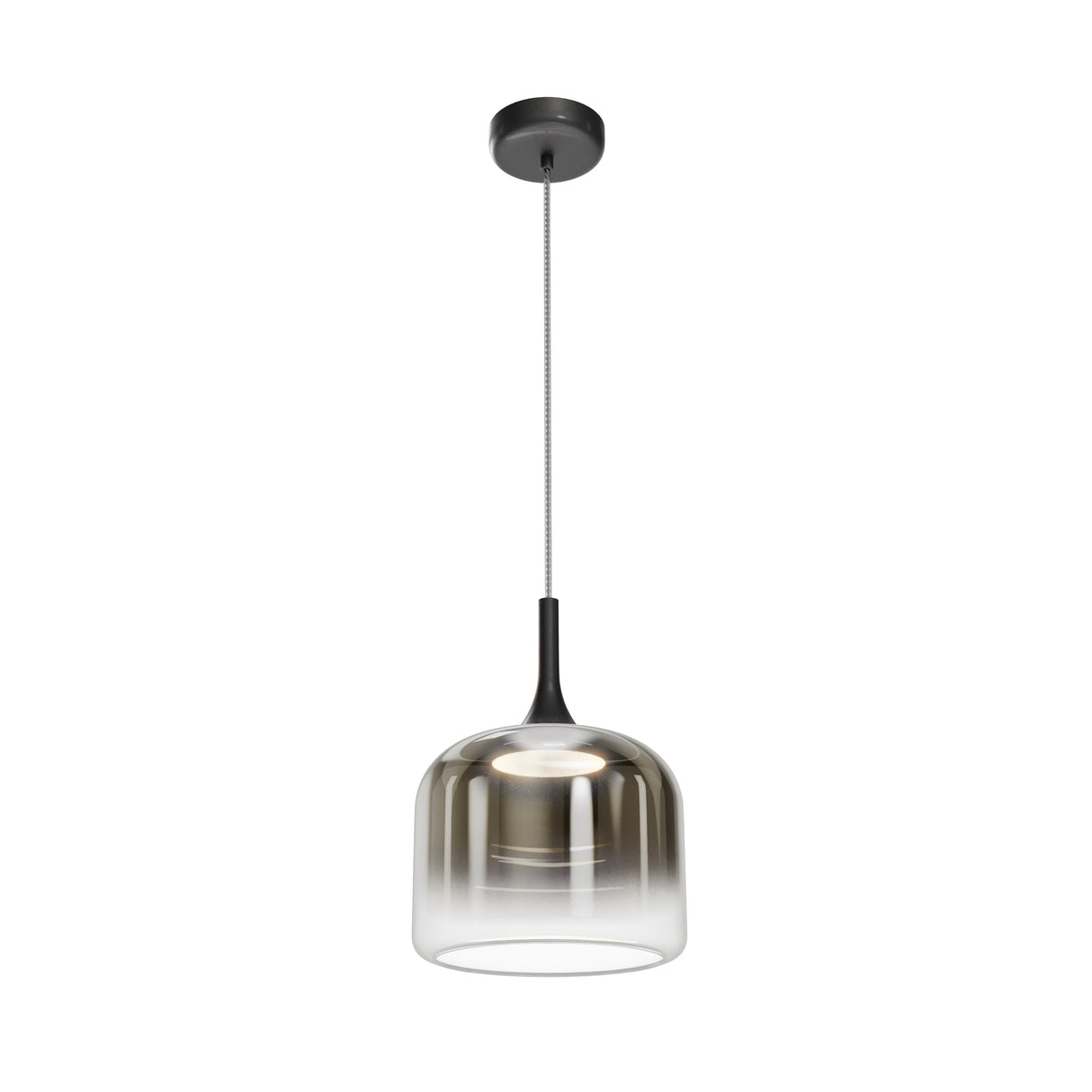 Maytoni Spirito Marble LED pendant light with smoke-tinted glass shade, black metal reflector and matching black canopy on a plain white background.