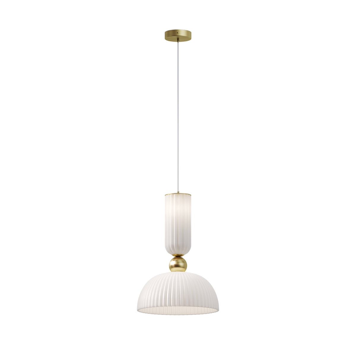 Maytoni Antic Opal Glass Pendant Light in satin gold with fluted white glass column, gold sphere, and ribbed dome shade on a white background.