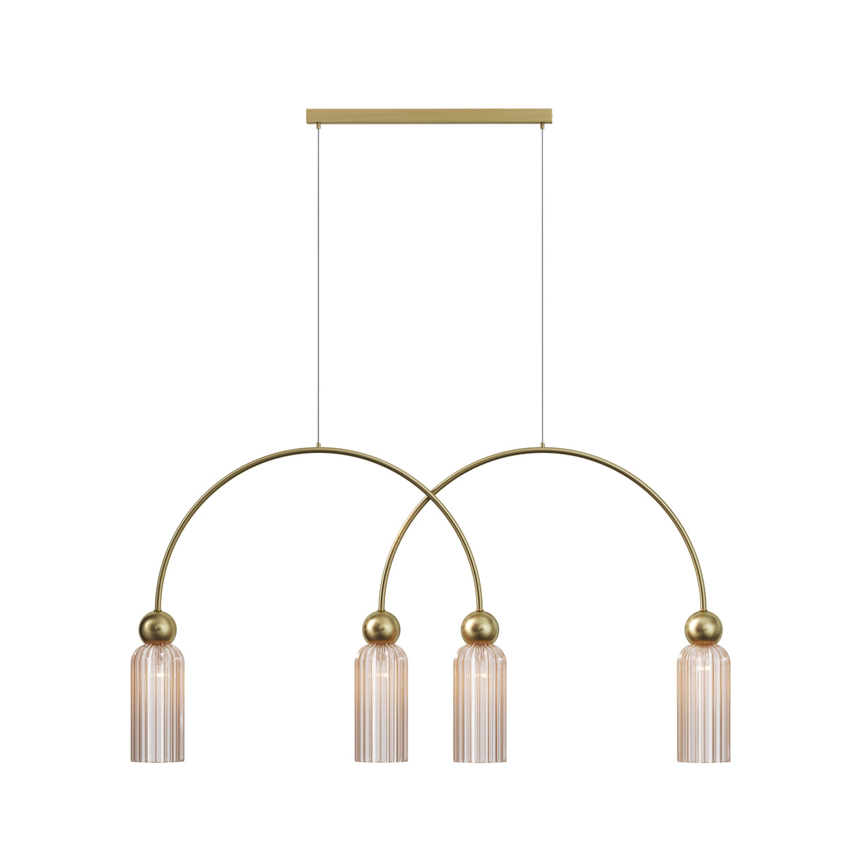 Maytoni Antic 4 Light pendant with ribbed amber glass cylinder shades on intersecting gold arched frames and brass spheres, on a white background.