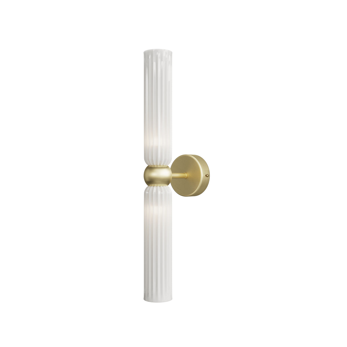 Maytoni Antic 2 light wall sconce with ribbed opal glass cylinders above and below a brushed gold sphere on a round backplate, on white.