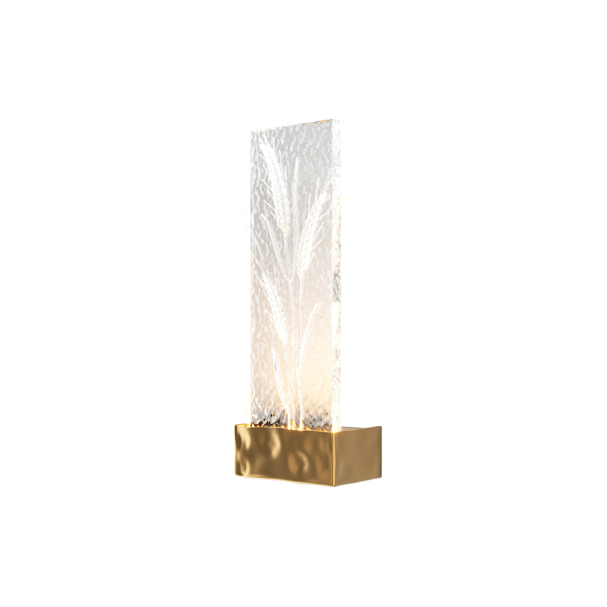 Maytoni Ornate LED wall light with a vertical textured glass column on a brass-finish rectangular base, glowing warm white against a plain background.