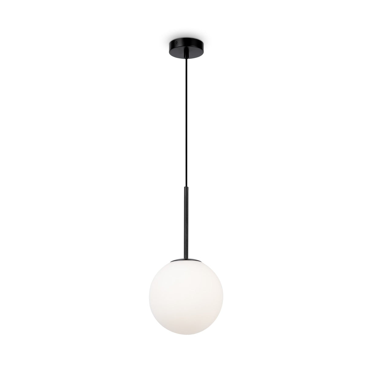 The Globe Pendant Light 20cm features a frosted white glass globe suspended from a thin black cord and circular black ceiling mount, creating a modern look against a plain white background.