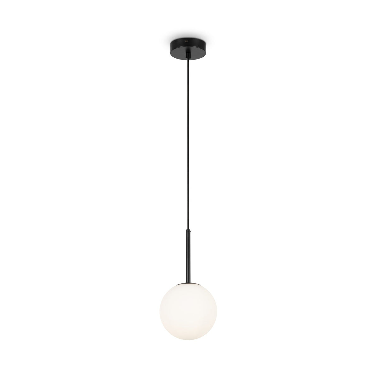 The Globe Pendant Light 15cm features a sleek black finish with a frosted white glass shade, suspended by a black cord and ceiling mount. Its minimalist design offers a modern touch to any space.
