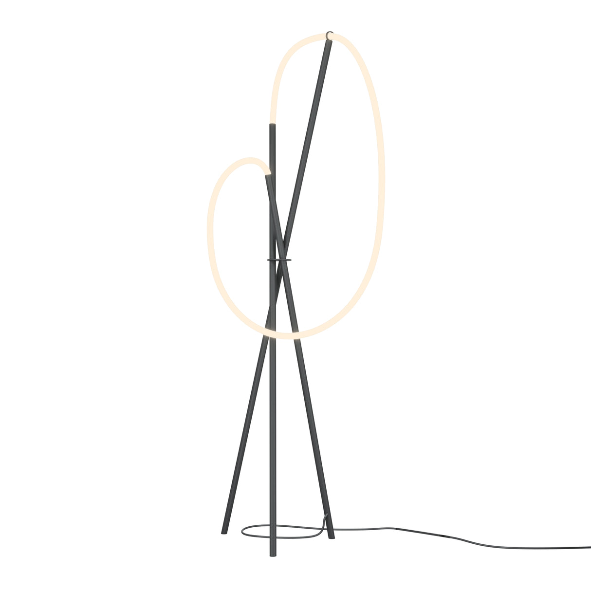 Maytoni Crochet Ring LED floor lamp in black with two overlapping oval light rings on a metal tripod base, shown on a plain white background.