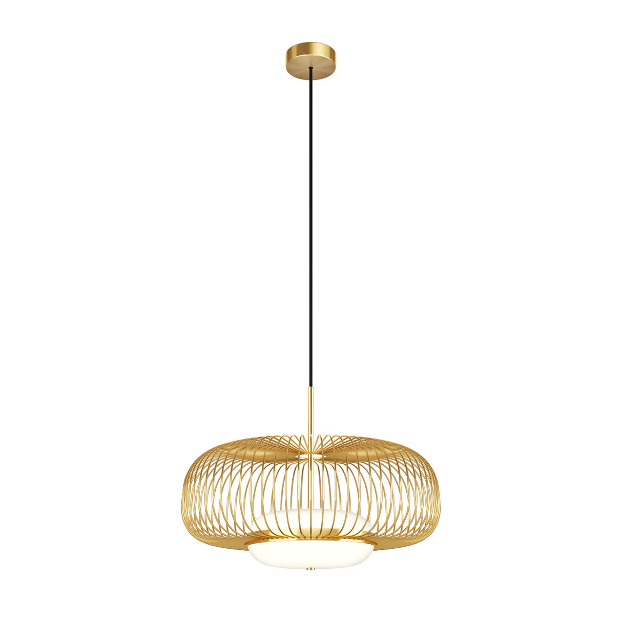 Maytoni Levitation LED pendant light with brass wire cage shade, white glass diffuser, and black cable suspended from a brass ceiling canopy.