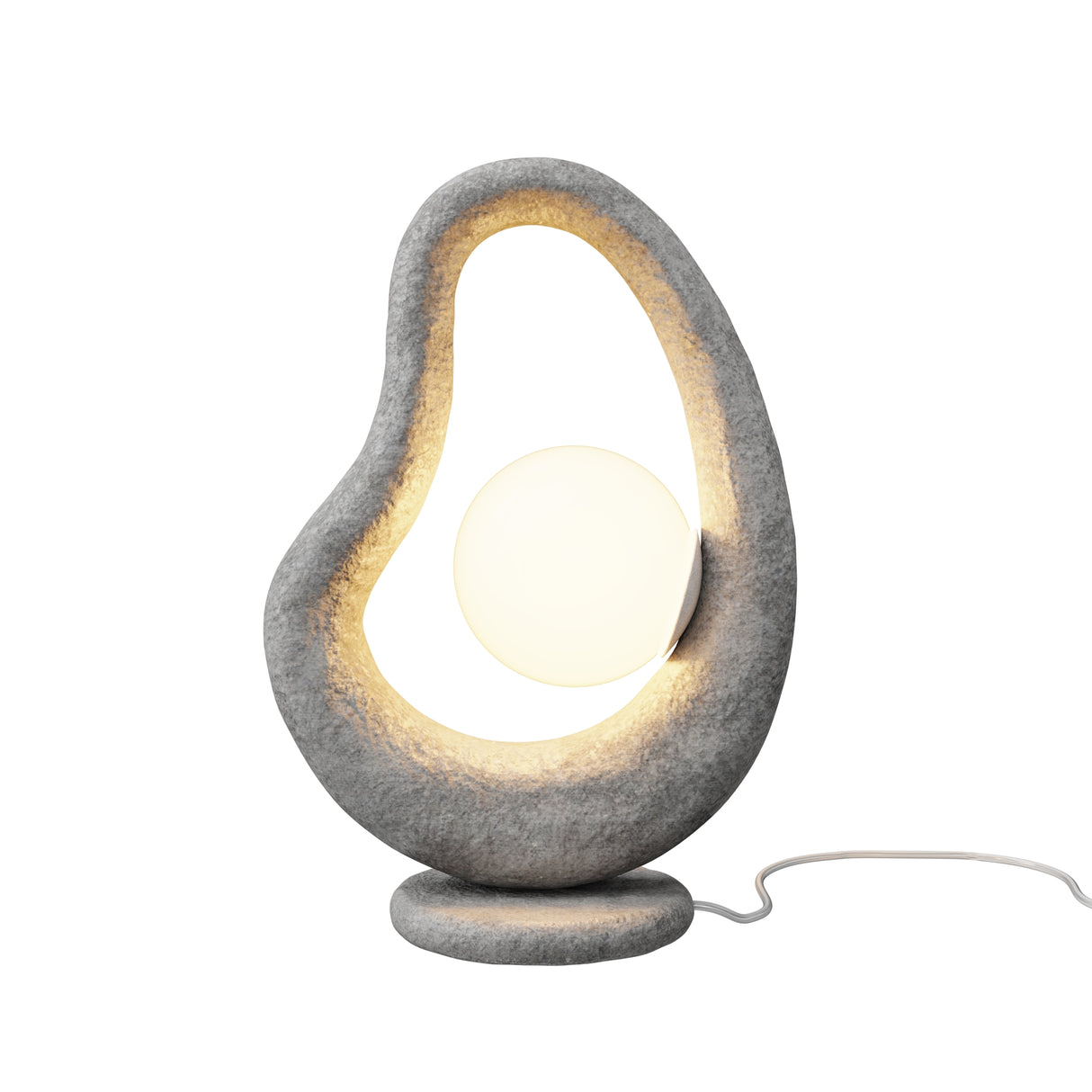 Maytoni Opus table lamp with sculptural grey stone-effect loop form, frosted glass globe diffuser, and rounded plinth base on a white background.