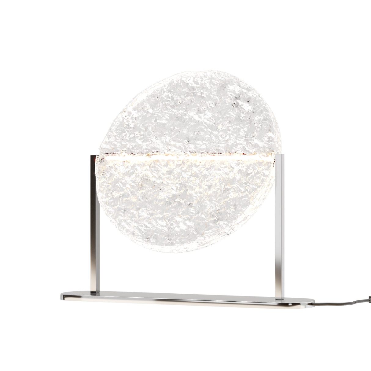 Maytoni Mangata Ring LED table lamp with an ice-textured acrylic sphere set within a polished chrome frame, shown lit on a white background.