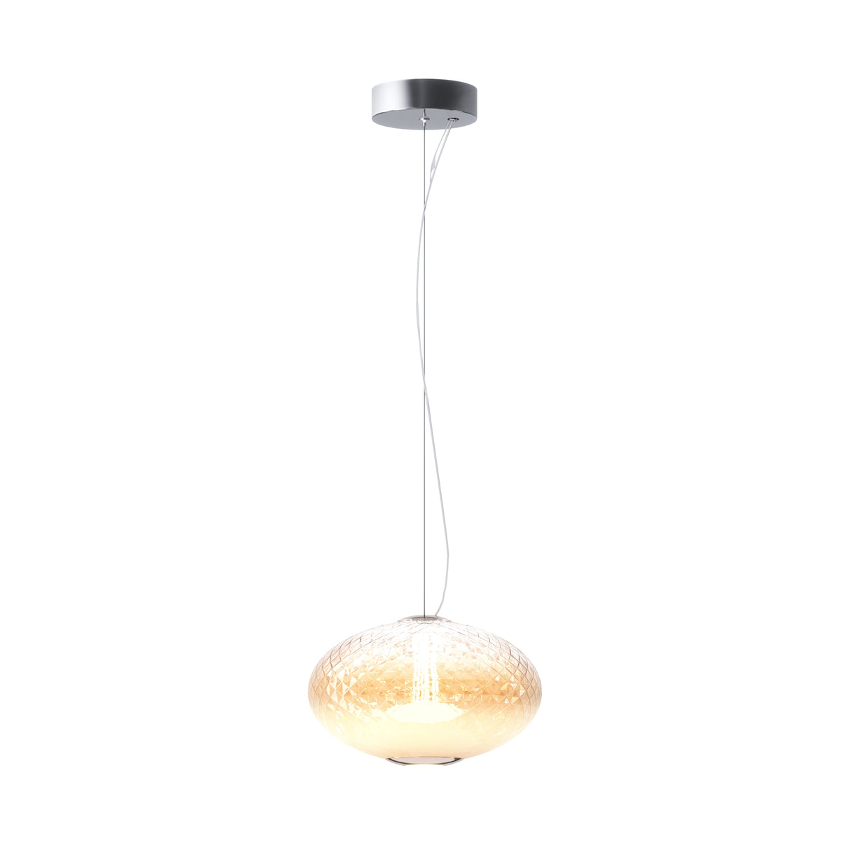 Maytoni Bruma 300mm LED pendant light with a flattened textured amber glass shade, chrome canopy and suspension cable, on a white background.