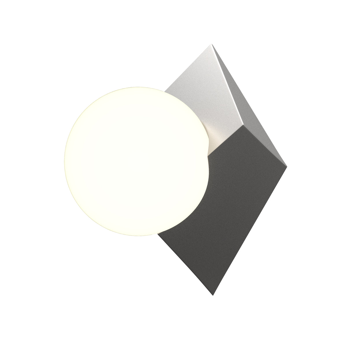 Maytoni Cubeo Opal Glass Wall Light in platinum, with a geometric metal shade overlaying a round opal glass diffuser, shown on a white background.