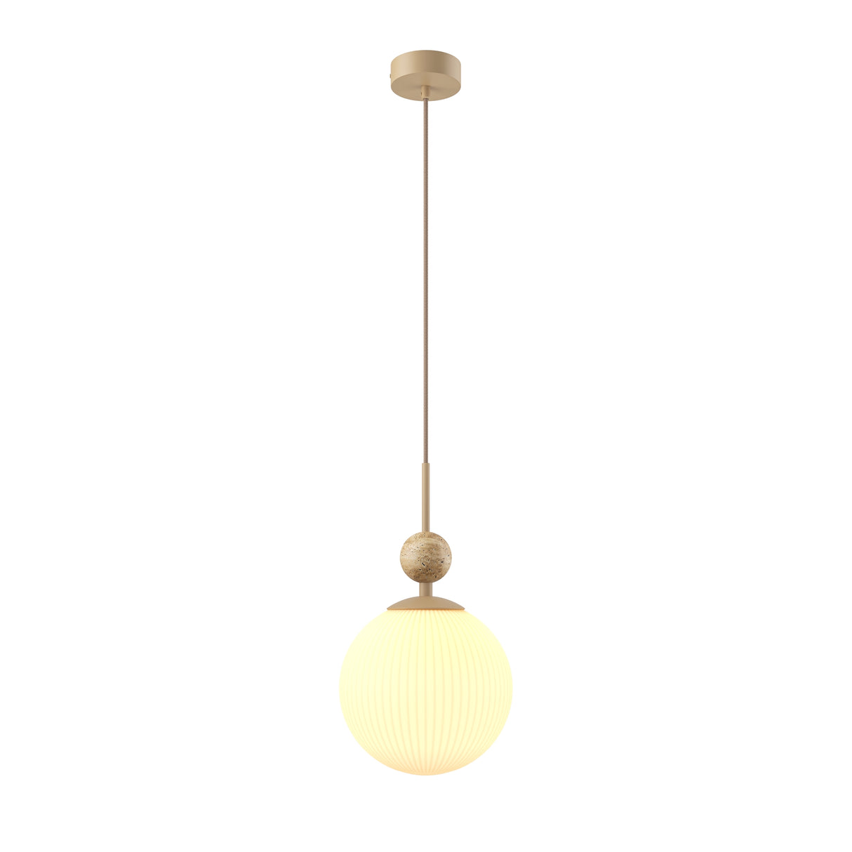 Maytoni TAVO pendant light with a ribbed beige glass globe shade, natural travertine stone accent on the drop rod, and beige metal canopy.