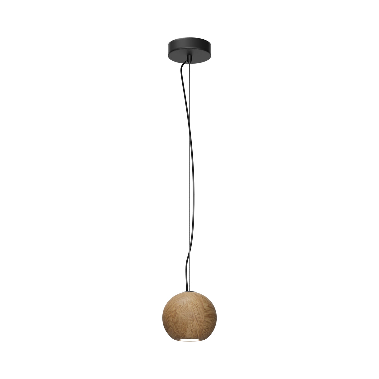 Maytoni Basic Texture Wood Pendant Light in black with a natural wood grain sphere shade and matt black canopy and cable, on a white background.