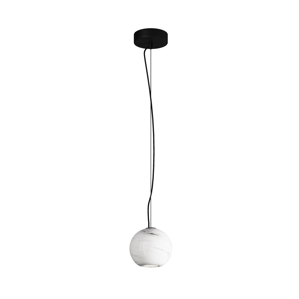 Maytoni Basic Texture pendant light with a white marble globe shade and grey veining, suspended on a black cable from a matt black ceiling rose.