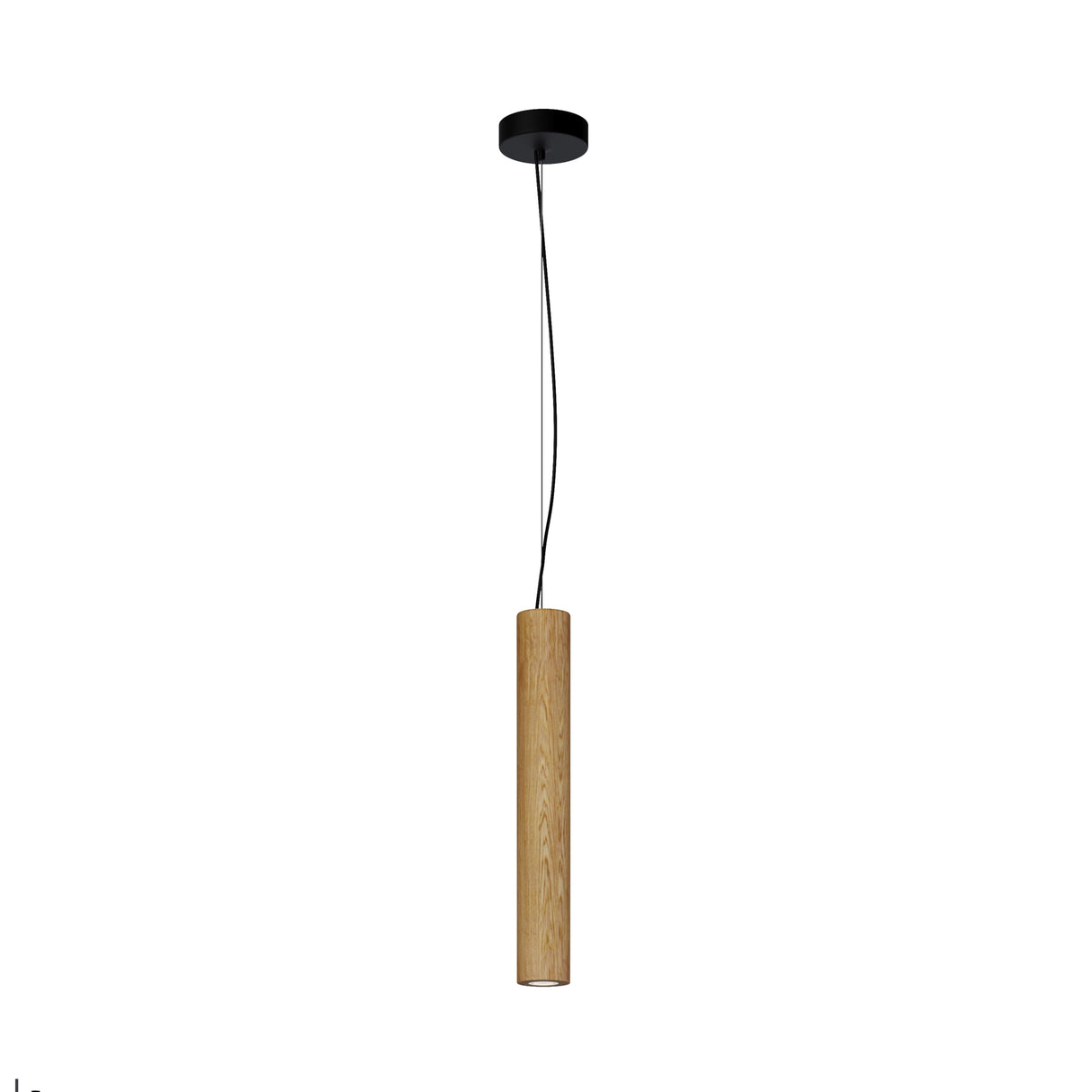 Maytoni Basic Texture Wood LED pendant light with a slim cylindrical oak-grain metal shade, black canopy and cable, shown on a white background.
