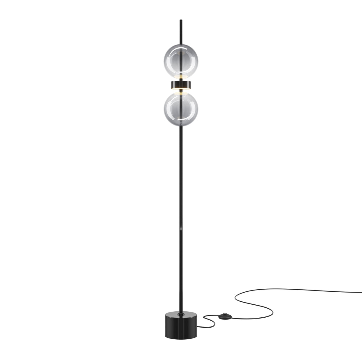 Maytoni Double Moon Ring LED floor lamp in black with two stacked smoked glass globes, brass-tone collars, and a cylindrical base with inline foot switch.