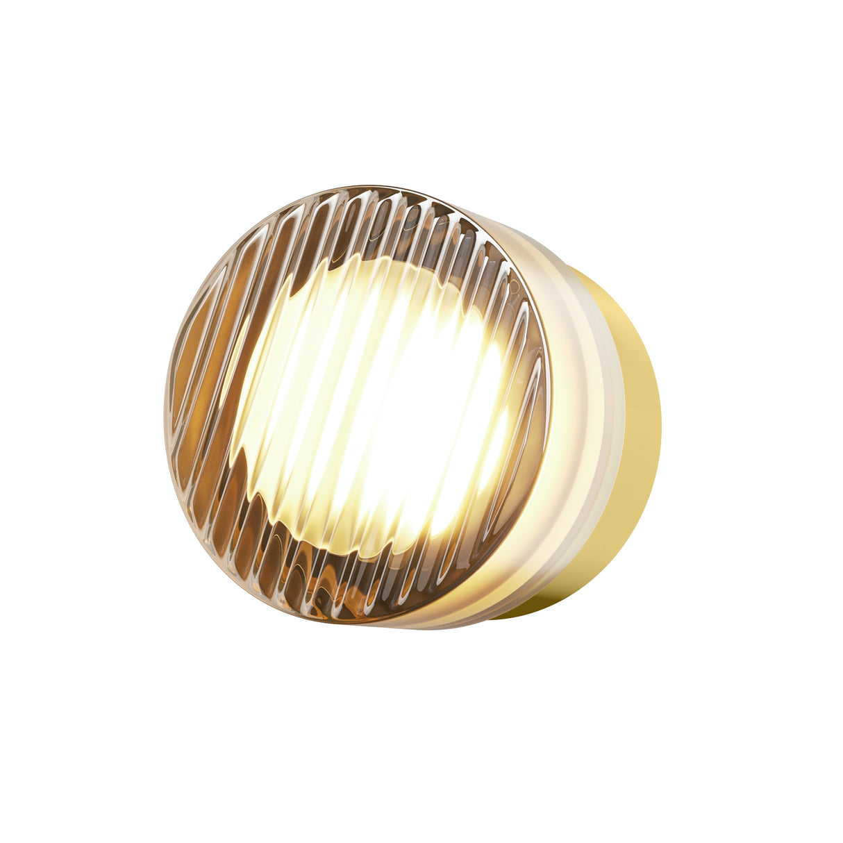 Maytoni Olo compact wall light with circular brass housing and ribbed glass lens diffusing warm white LED, shown illuminated on a white background.