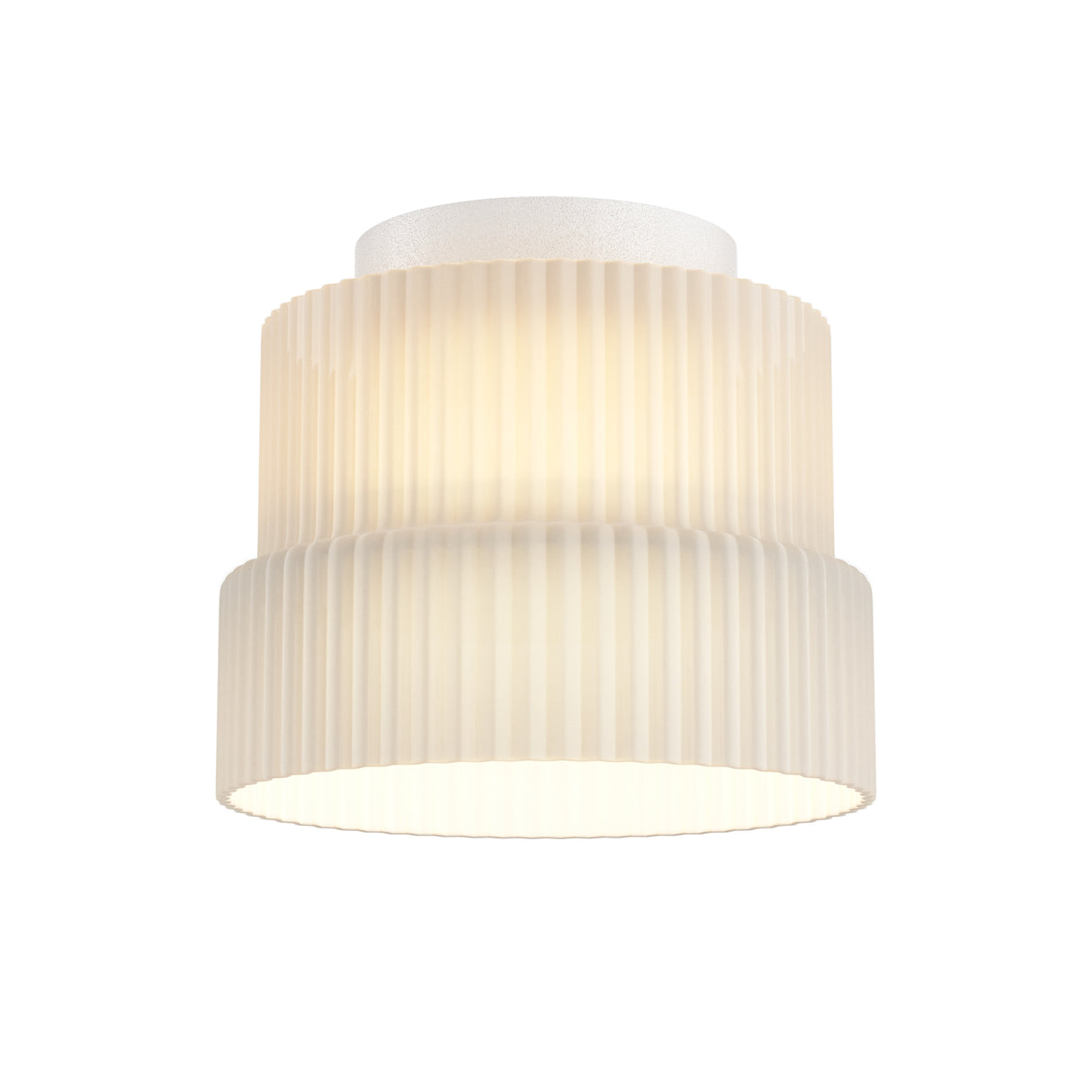 Maytoni Scala two-tier cylindrical LED ceiling light with white ribbed metal shade and flush-mount canopy, shown illuminated on a plain background.