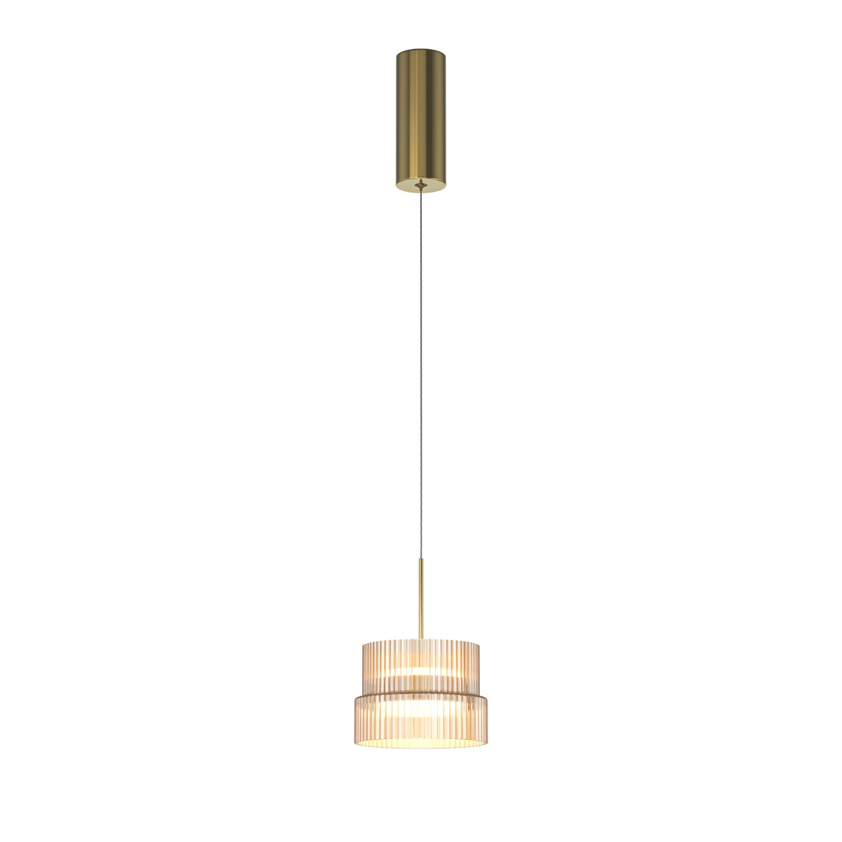 Maytoni Scala LED pendant light with two-tier ribbed amber glass shade and cylindrical bronze canopy on a single cable, on a white background.