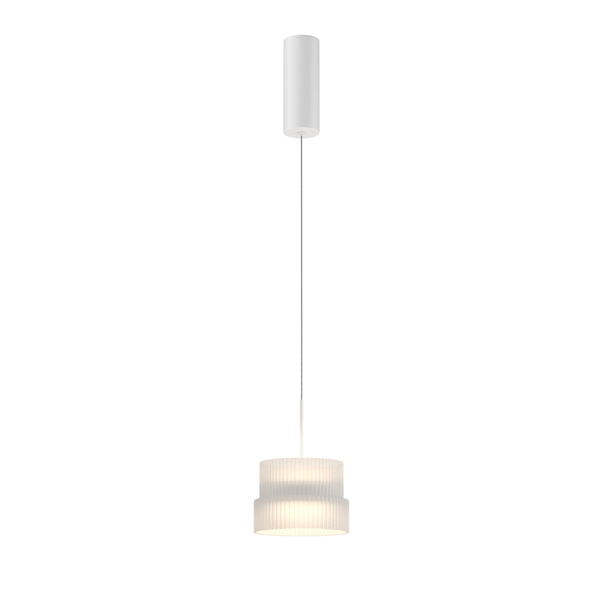 Maytoni Scala Wood LED pendant light in white, featuring a ribbed cylindrical shade suspended from a matching cylindrical ceiling canopy on a plain background.