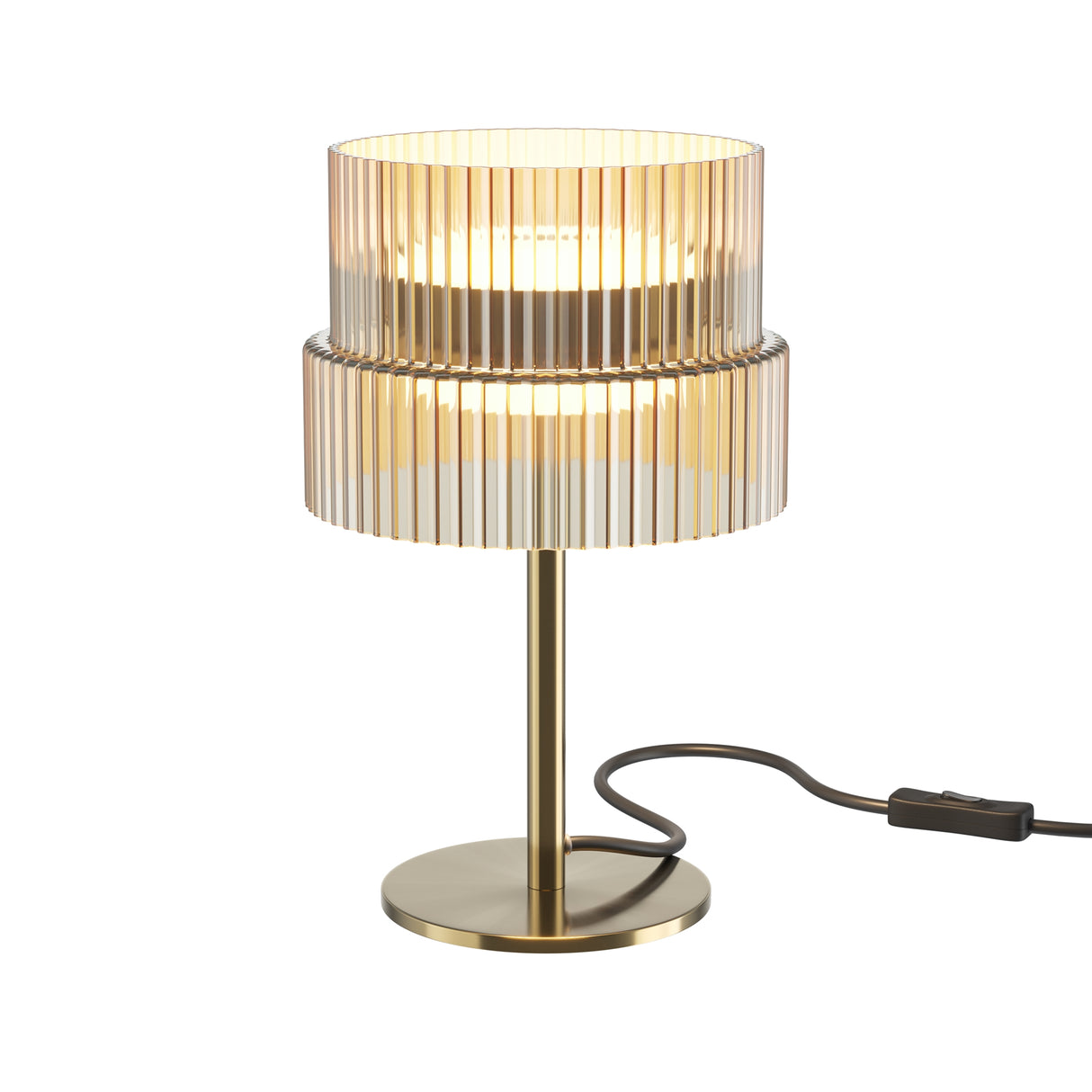 Maytoni Scala two-tier ribbed glass LED table lamp in antique bronze with slim stem, round base, and inline rocker switch on black cable.