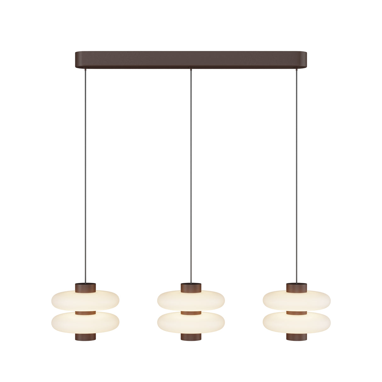 Maytoni Nuvem 3 Light LED pendant with three tiered opal glass disc diffusers on a brown metal bar, shown on a plain white background.