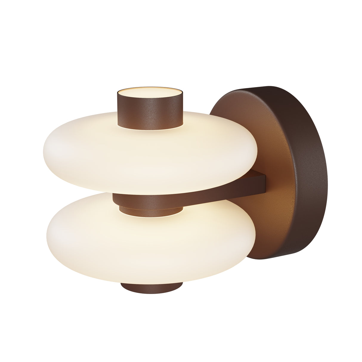 Maytoni Nuvem wall light with two frosted glass disc diffusers stacked on a bronze brown metal bracket and round backplate, on a white background.