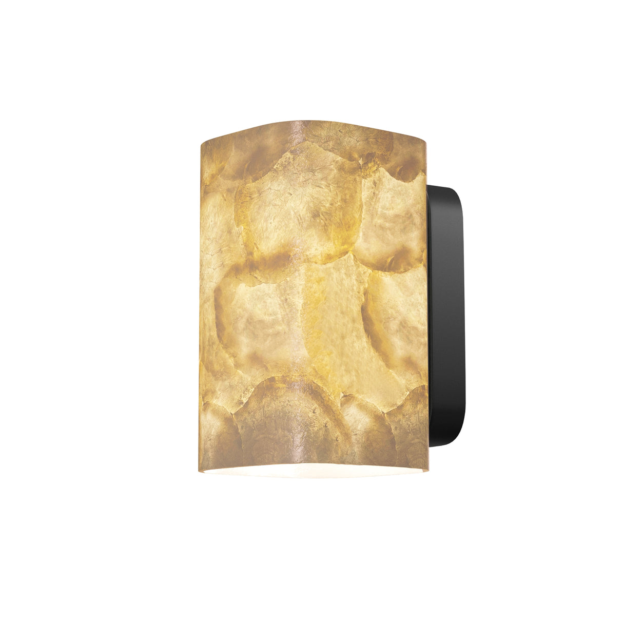 Maytoni Maris alabaster wall light with a curved honey-toned natural stone shade and matt black bracket on a white background.
