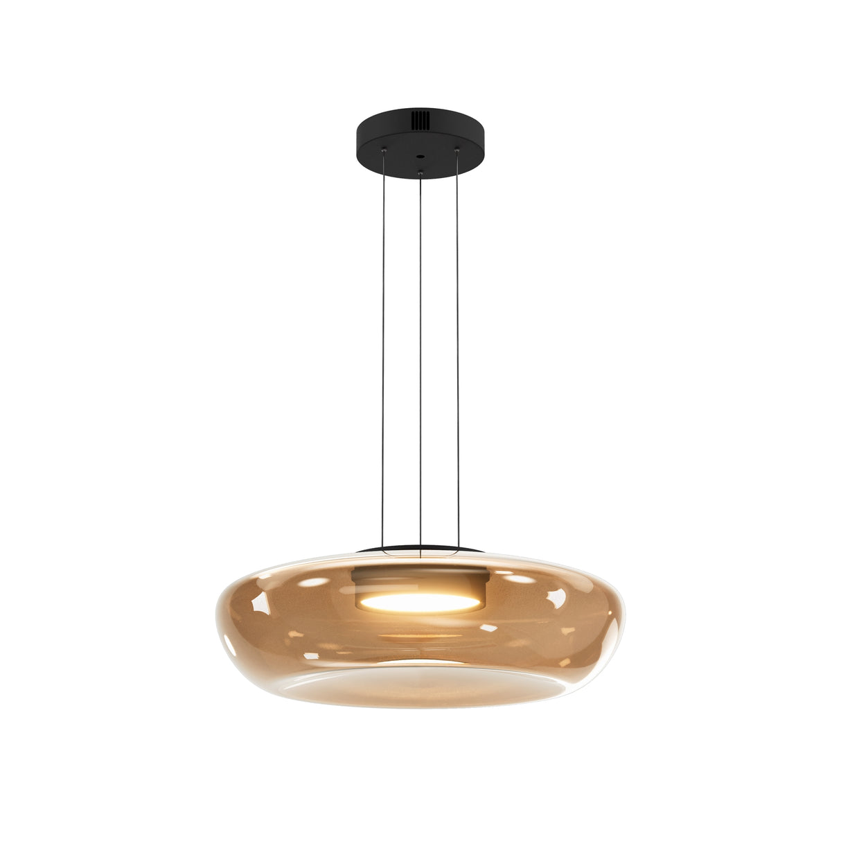 Maytoni Bassa amber hand-blown glass LED pendant light in a flattened ovoid form, suspended by fine cables from a round black canopy.
