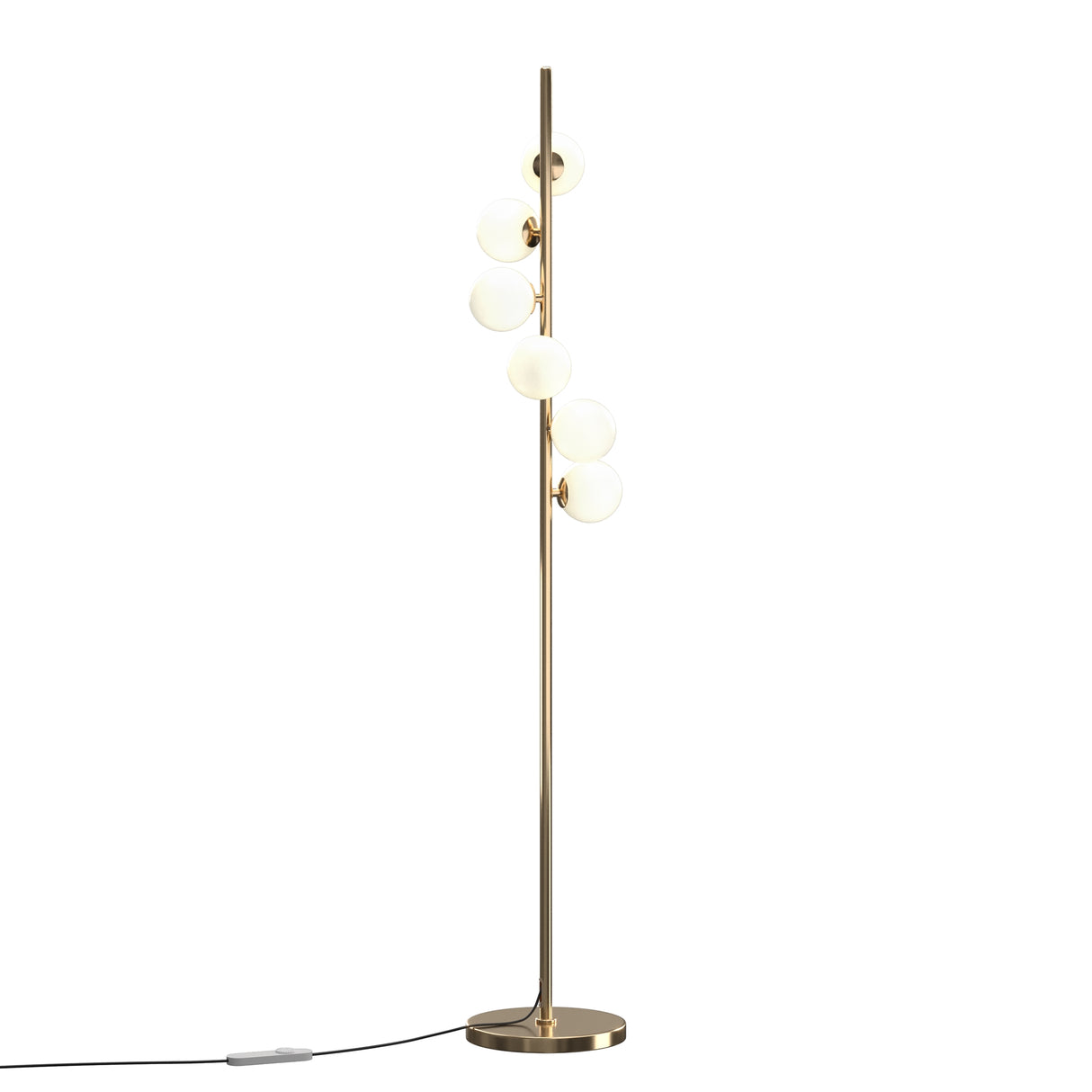 Maytoni Dallas 6 Light floor lamp with white opal glass globes staggered along a vertical brushed gold stem and round base, on a white background.