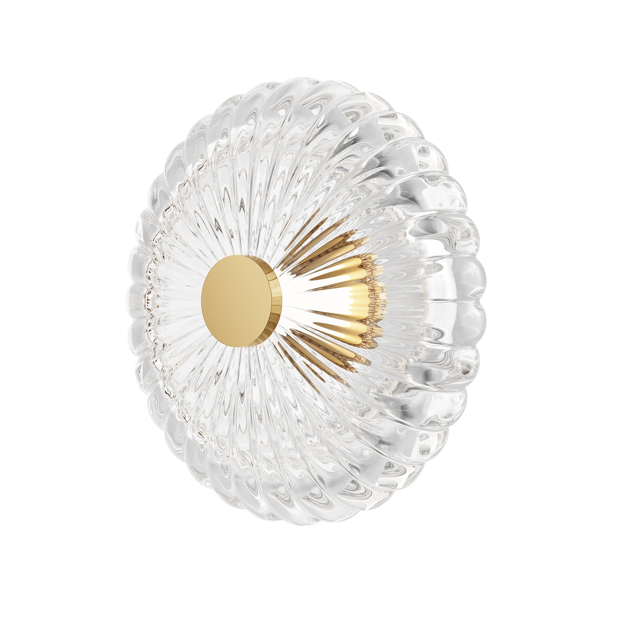 Maytoni Amulet LED wall light with circular ribbed crystal glass disc and central gold metal plate, shown against a plain white background.