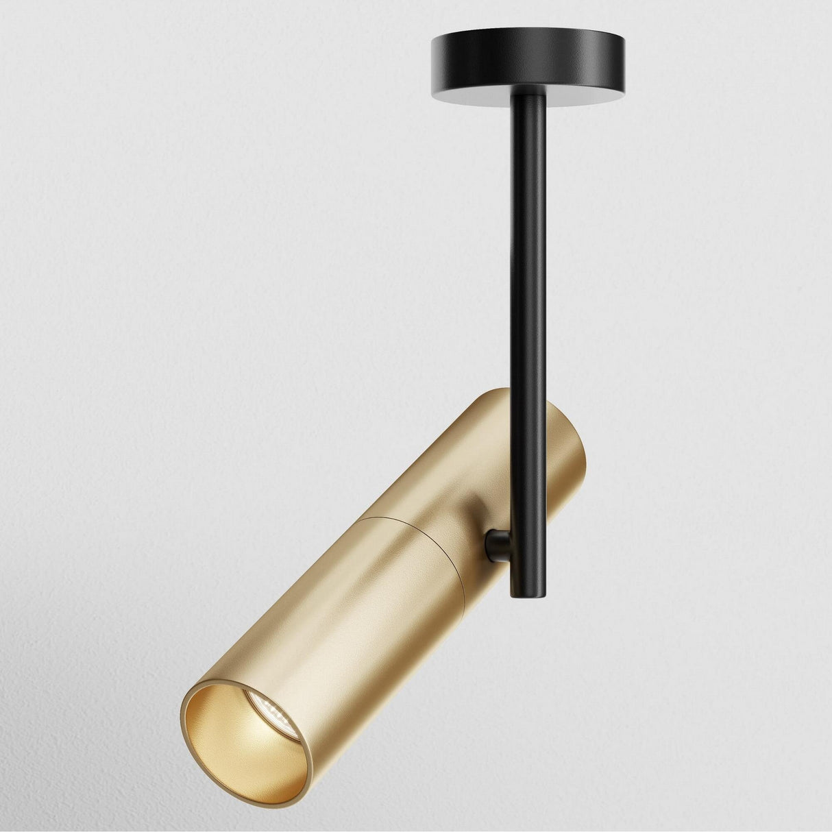 The Elti Single Spotlight - Black & Gold is a ceiling-mounted fixture with a sleek cylindrical gold spotlight on a black rod and base, creating a striking contrast against the plain white background.