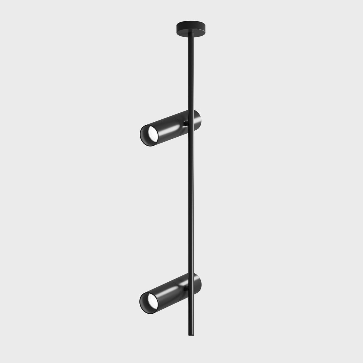 The Elti Twin Spotlight - Black is a minimalist ceiling fixture with two adjustable spotlights on a slender vertical rod, ideal for contemporary lighting and striking against a plain white background.