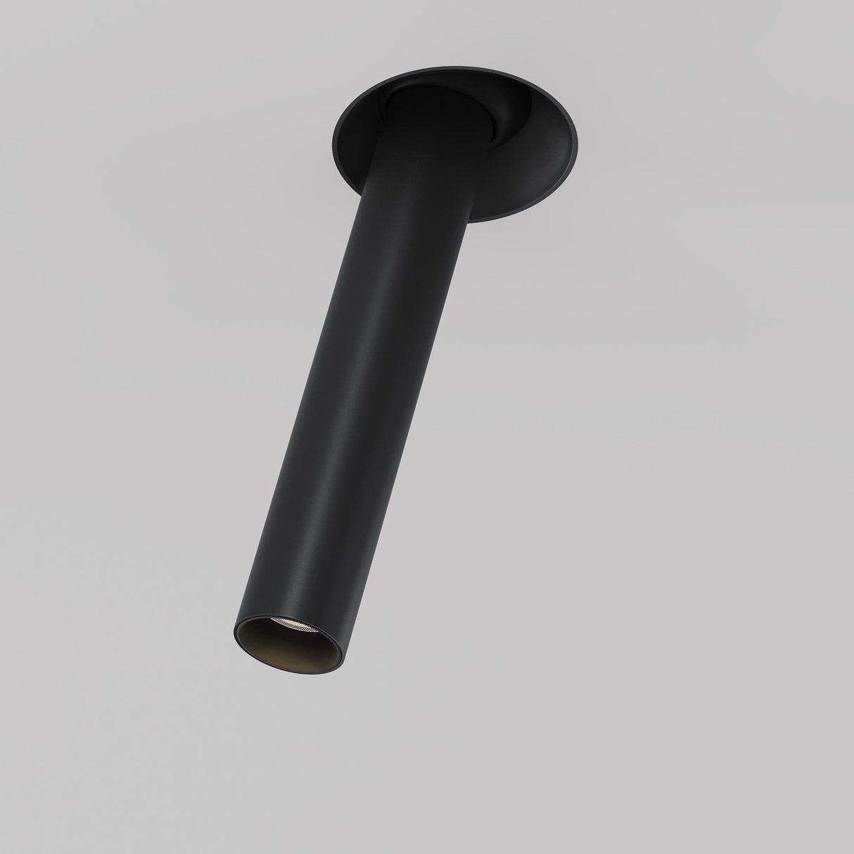 A sleek black Focus T LED Adjustable Long Trimless Retractable In-Out Recessed Downlight (7W 3000K) mounted on a plain light gray background, oriented downwards to highlight its modern and minimalistic design.