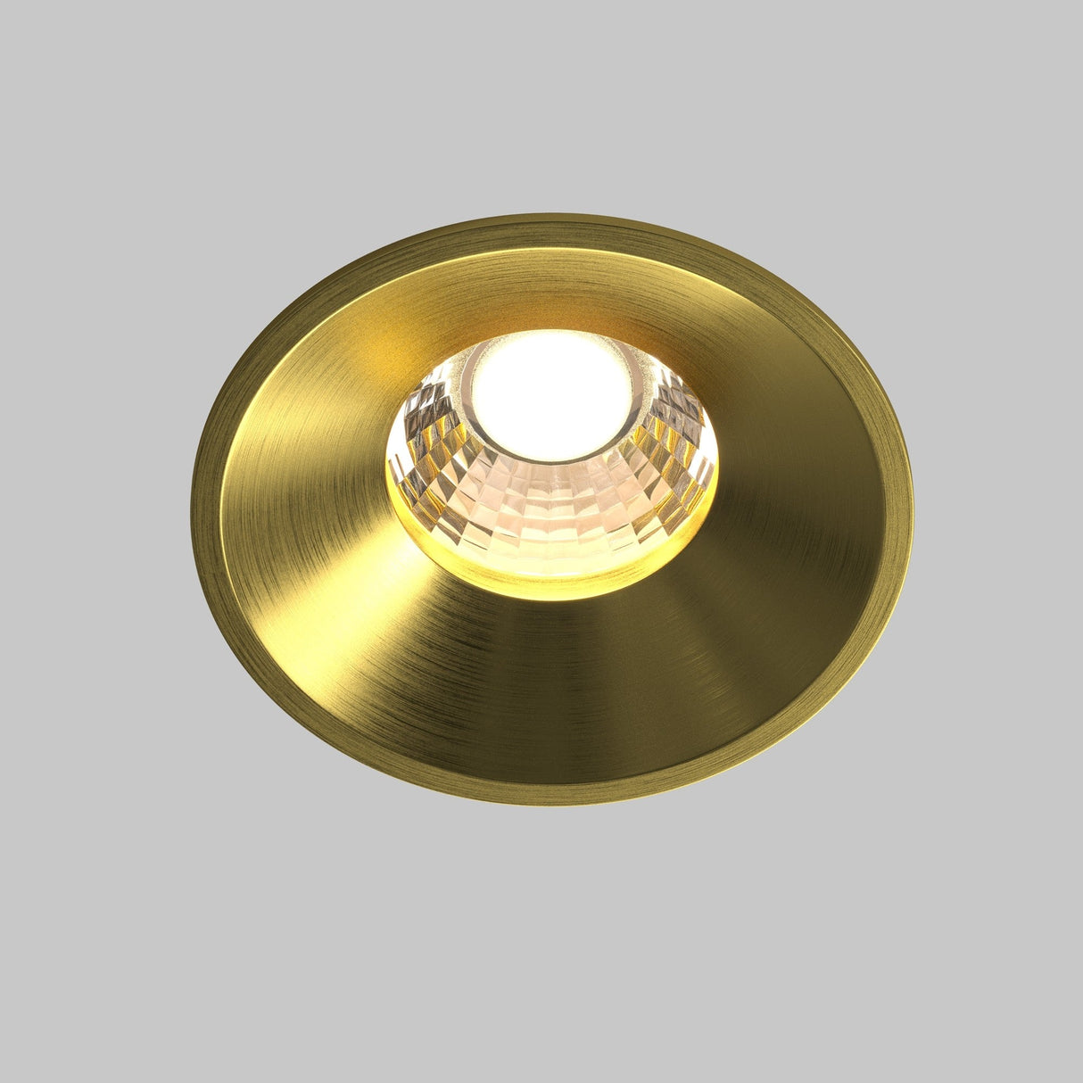 The Round LED Recessed Downlight 12W 3000K in brass features a gold finish with a circular, textured design. This high-end lighting emits bright white light elegantly set against a neutral background.