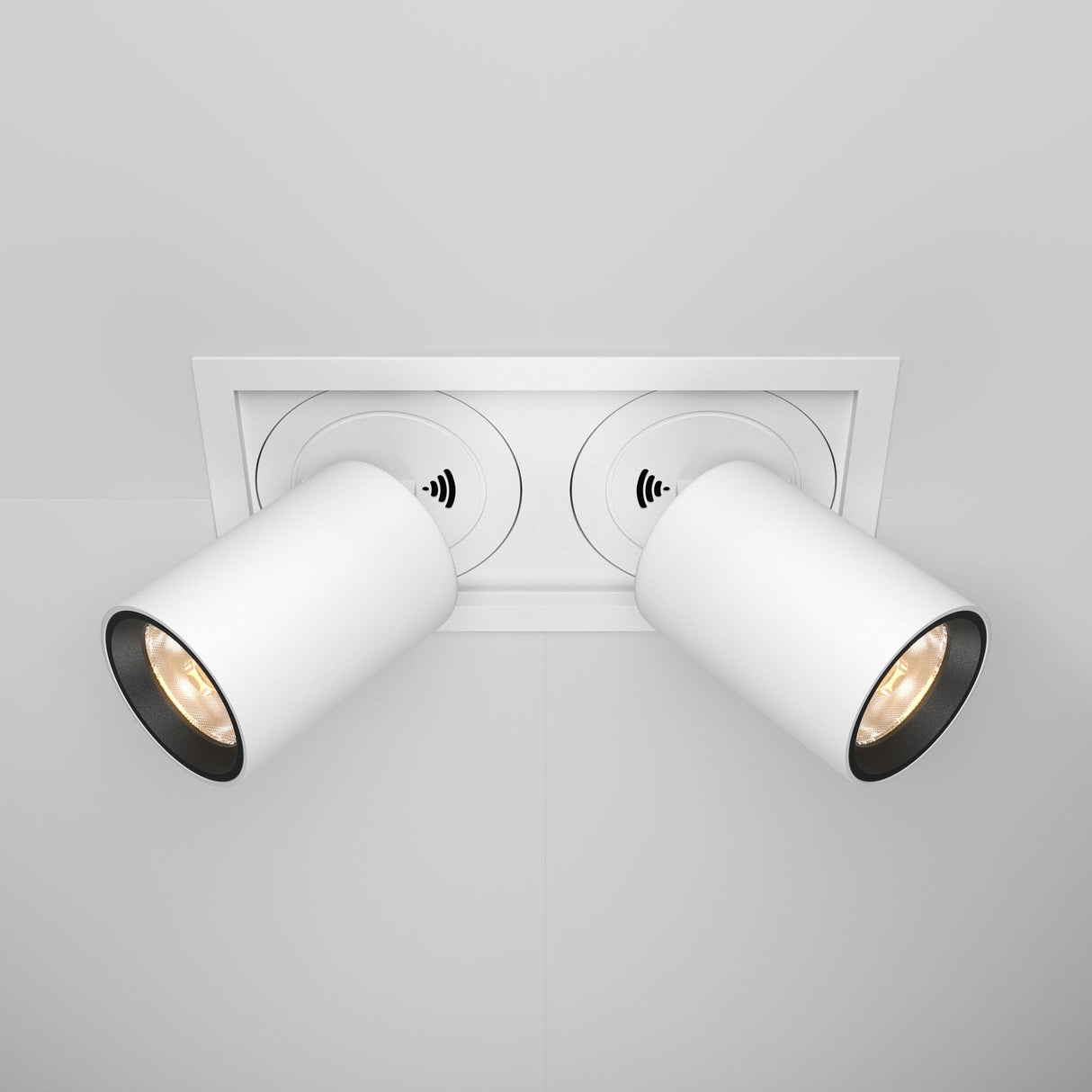 The ceiling features a smooth, light surface with two Hidden Twin Adjustable Retractable In-Out LED Rectangular Recessed Downlights in white. These high CRI lights are mounted differently for focused illumination.