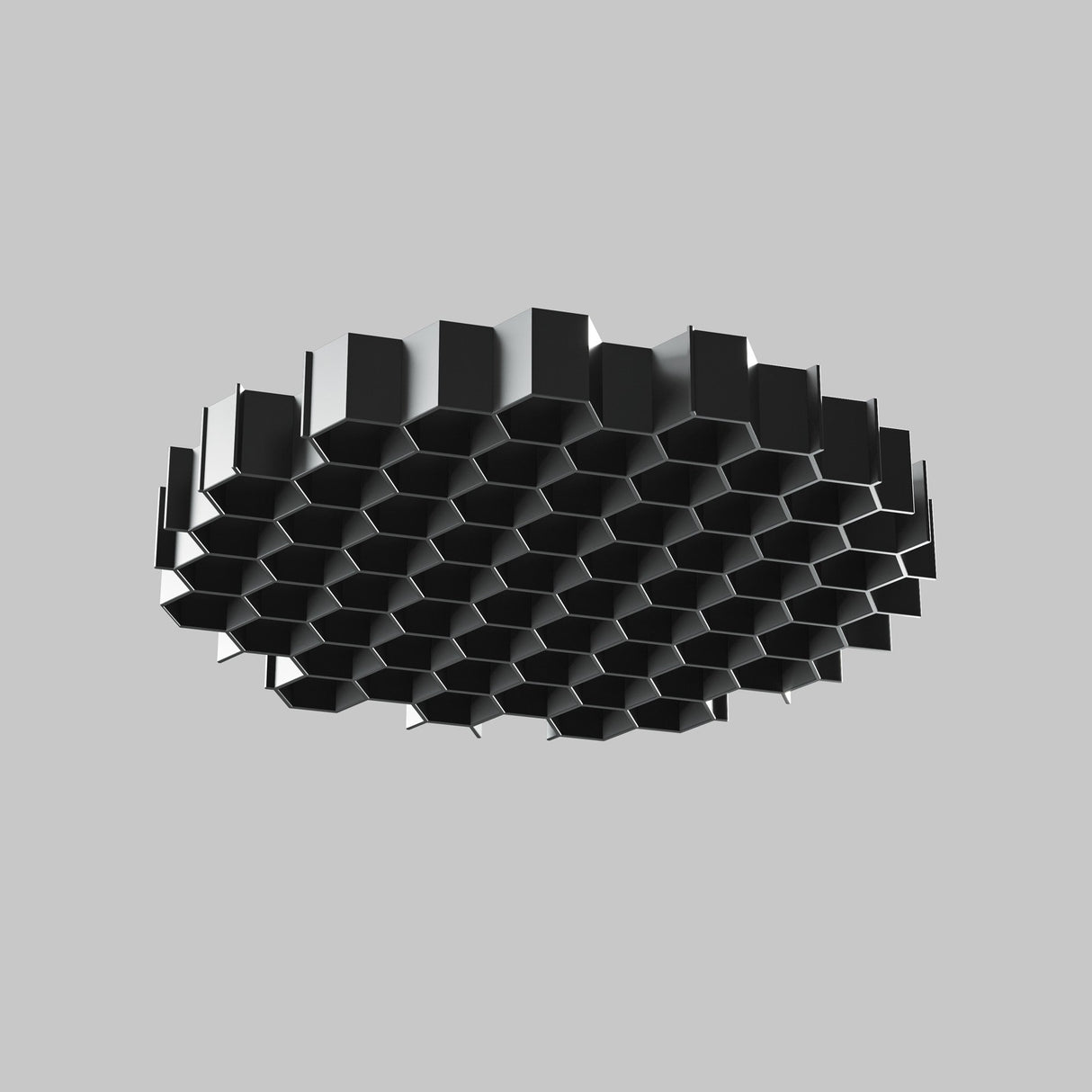 A 3D-rendered image of a hexagonal grid structure with a black and gray scheme, resembling a honeycomb pattern, ideal for the Wise Downlight Round Honeycomb Light Filter 26mm - Black, set against a plain gray background.