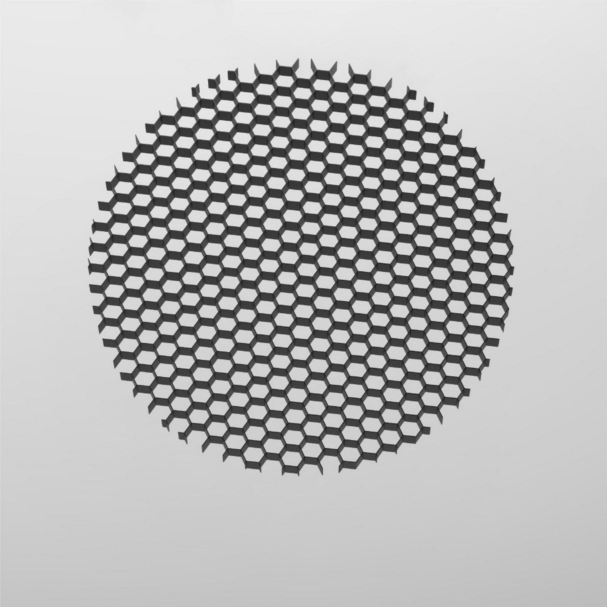 Set against a light gray backdrop, the Focus LED Round Honeycomb Light Filter 42mm - Black features a circular mesh with a hexagonal pattern that reduces glare. Its 3D design enhances depth and focus for LED lighting solutions.