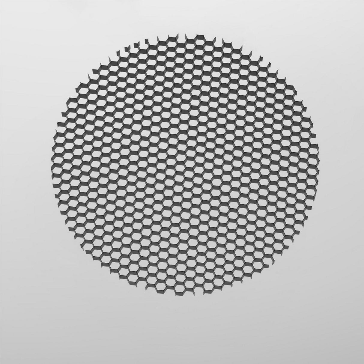 The Focus LED Round Honeycomb Light Filter 53mm - Black disperses light effectively with its evenly distributed hexagonal wire mesh pattern, enhancing LED lighting against a white background.