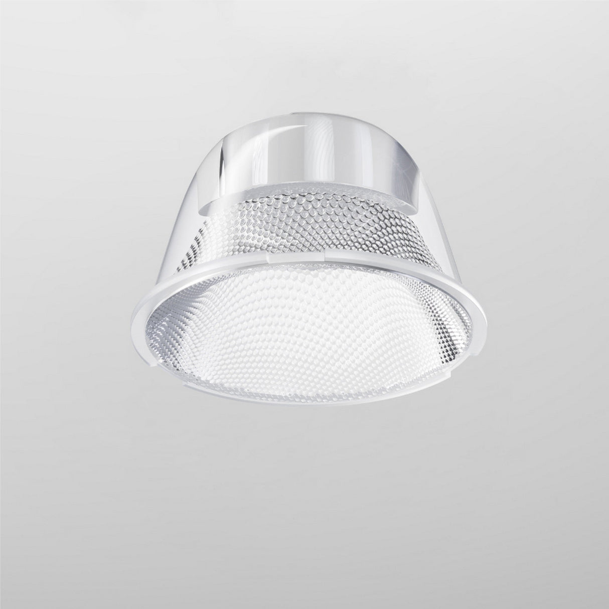 The silver metallic ceiling light fixture, part of the Focus LED Track Light Lens ⌀35mm 36° series, features a dome-shaped perforated design. Its internal illumination casts a subtle glow against a plain light gray background.
