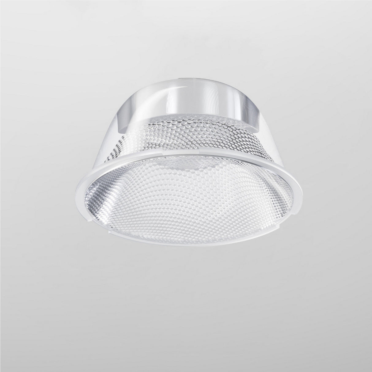 The Focus LED Track Light Lens ⌀55mm 36° features a sleek, reflective metallic finish with a textured semi-transparent dome cover. It offers a focused 36° beam angle and mounts easily against any plain white background.